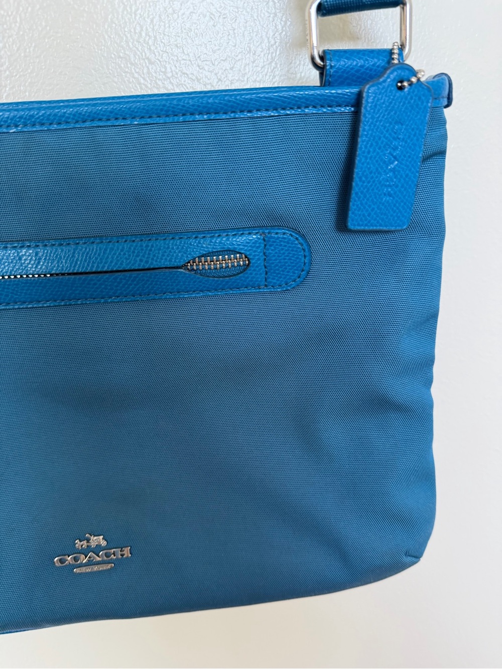 COACH Blue Nylon Crossbody Bag Messenger Shoulder Bag Leather Trim Zip Top - Picture 3 of 14